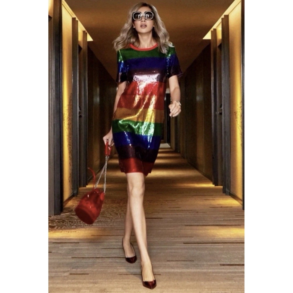 MICHAEL Michael Kors Rainbow All Over Sequined Cotton T-Shirt Dress Size XS!